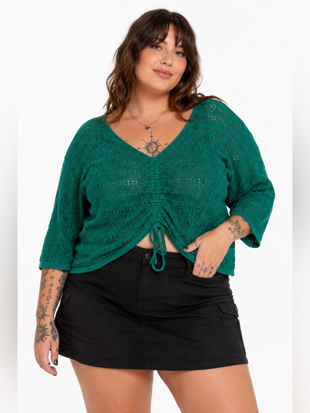 Torrid Crochet Open Knit Ruched Tie Front Blouse (Kelly Green) Size 1X